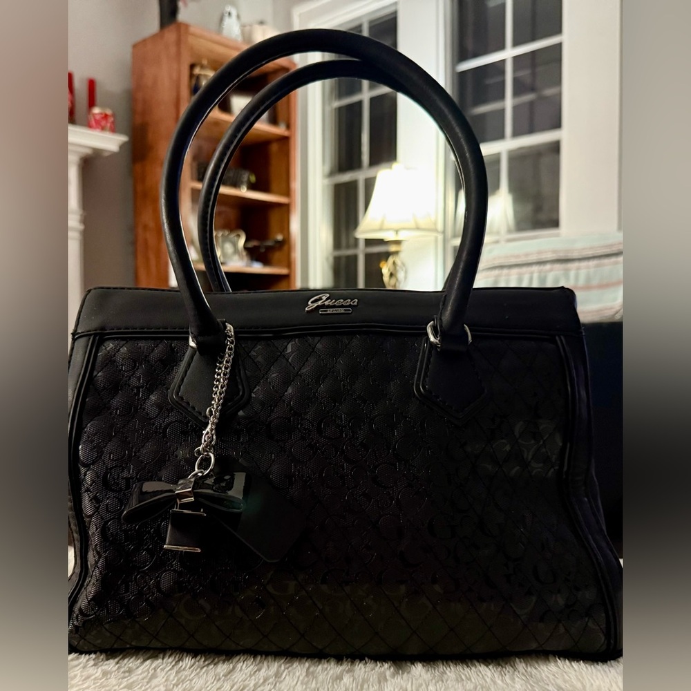 Black Guess Handbag with Charms & Multiple Compartments